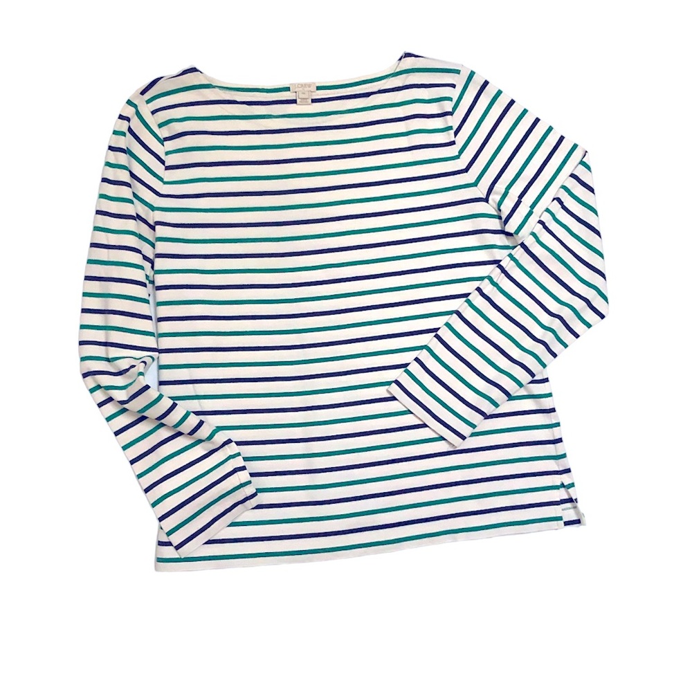 J. Crew Striped Boatneck Tee Navy Green Cream